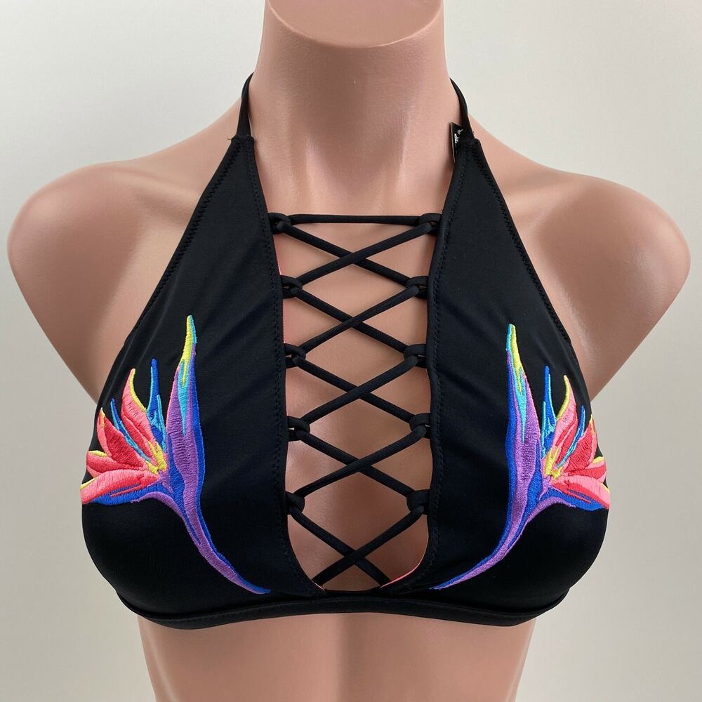 Victoria's Secret PINK Swim Lightly Lined Floral Strappy Bikini Top Black XS